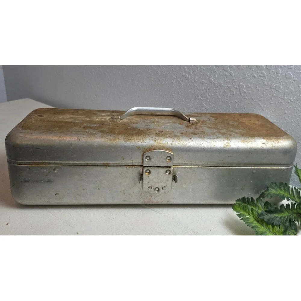 Vintage Aluminum‎ Toolbox Industrial Metal Storage Chest Rustic Patina Handle